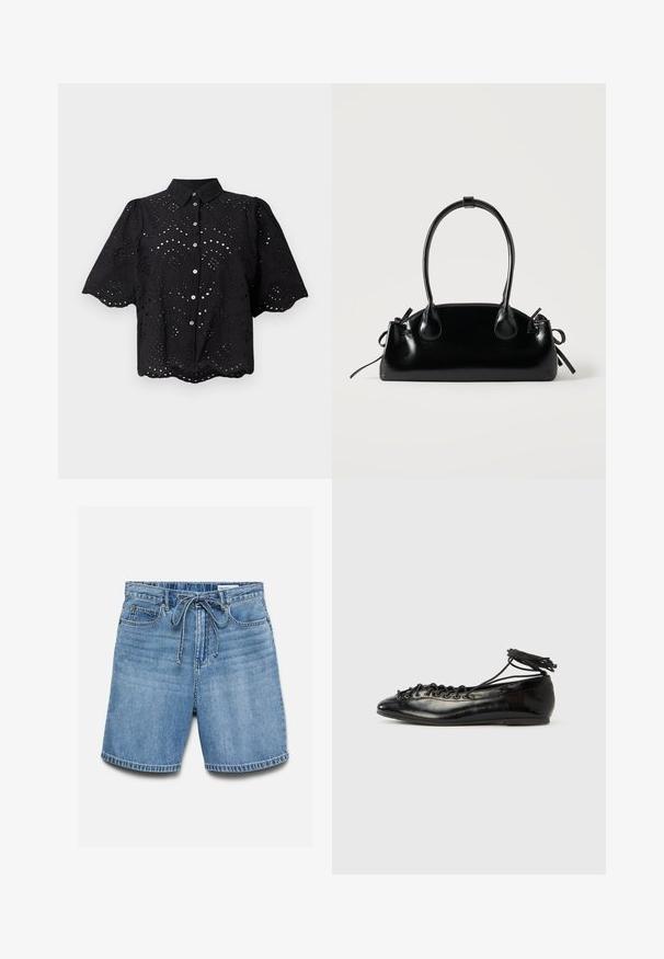 Sort kortærmet skjorte med hulsøm, bølget kant og knaplukning. Letvægtsstof med blomsterudskæringer.; Blå denimshorts med frontlommer og bæltestropper, med en bundet snøre i taljen og falmede horisontale foldedetaljer.; Sorte balletflade sko i laklæder med rundet tå, snørelukning og flad sål. Glat tekstur med få detaljer.; Lille sort blank håndtaske med to lange håndtag og snøre-detaljer i siden på en ensfarvet lys baggrund.