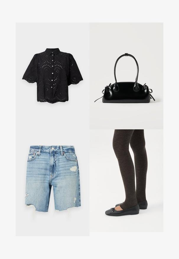 Camisa negra de manga corta con bordado de ojales, dobladillo en forma de ondas y cierre de botón. Tela ligera con patrones de flores recortadas.; Pantalones cortos de denim azul claro con una cintura alta. Presentan detalles desgastados con un dobladillo deshilachado y múltiples bolsillos. Diseño clásico de cinco bolsillos.; Piernas con leggings oscuros acanalados combinados con bailarinas negras que presentan pequeños detalles de lazo sobre un fondo blanco.; Pequeño bolso negro brillante con dos asas largas y detalles de cordón lateral sobre un fondo claro liso.