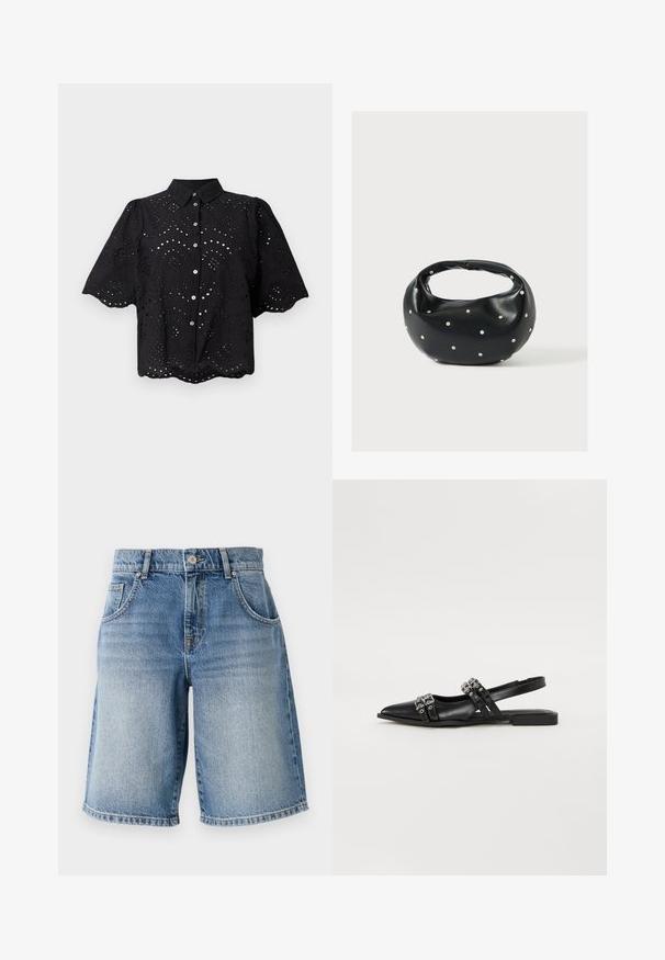 Sort kortærmet skjorte med hulsøm, bølget kant og knaplukning. Letvægtsstof med blomsterudskæringer.; Lysblå denimshorts med lige pasform, fem lommer og bronzefarvet hardware. Har en rå kant og en falmet vaskemæssig struktur.; Even&Odd Slingback-ballerinasko - black; Sort læderhåndtaske med en rundet form, dekoreret med sølvnitter, og et kort håndtag. Glat tekstur og lynlåslukning.