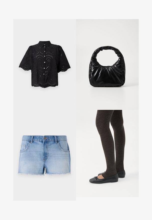 Zwart shirt met korte mouwen, voorzien van oogjesborduurwerk, een gekartelde zoom en knoopsluiting. Lichtgewicht stof met bloemvormige uitsparingen.; Lichtblauwe denim shorts met een rafelige zoom, vijf zakken en een sluiting met een knop aan de voorkant. Heeft een vervaagde wassing en een rechte snit.; Benen met donkere geribbelde leggings gecombineerd met zwarte ballerina's met kleine strikdetails op een witte achtergrond.; Zwarte gevoerde handtas met een ronde handgreep, met een gladde, glanzende oppervlakte en een zachte, gewatteerde textuur. Geen zichtbare metalen onderdelen of accenten.