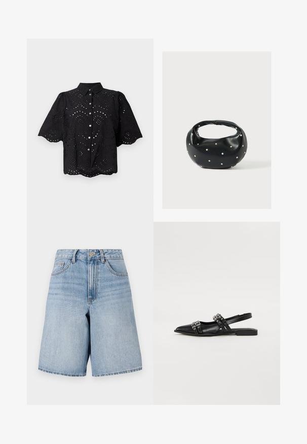 Zwart shirt met korte mouwen, voorzien van oogjesborduurwerk, een gekartelde zoom en knoopsluiting. Lichtgewicht stof met bloemvormige uitsparingen.; Lichtblauwe denim shorts met een hoge taille, wijde pijpen en voorzakken. Voorzien van een bovenste knoop en een ritsluiting. Versleten afwerking.; Even&Odd by Zalando Slingback ballerina´s - black; Zwarte leren handtas met een afgeronde vorm, versierd met zilveren studs, en een korte handgreep. Gladde textuur en ritsluiting.