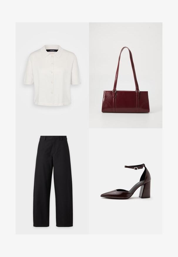 Blouse en tricot blanc à manches courtes, avec un col et des boutons sur le devant. Texture douce et coupe ample, présentant un léger éclat.; Pantalon noir taille haute, jambes larges, passants de ceinture et détails de coutures à l'avant, sur fond blanc.; Chaussure à talon haut en cuir marron foncé à bout pointu, avec bride à la cheville et boucle argentée sur fond blanc.; Sac à main bordeaux en matériau brillant, de forme rectangulaire, avec deux anses et des accents légèrement courbés à l'avant.