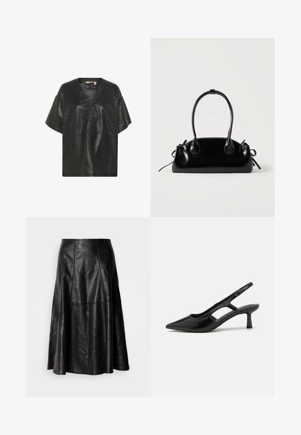 Culture CUATAM CANJA - Blusa - black; Falda de cuero negro con una silueta acampanada, que presenta costuras visibles y una textura suave. Diseño de longitud media con un corte clásico.; Tacones de slingback negros con punta afilada, hechos de material brillante, que presentan acentos recortados y un tacón moderado para mayor soporte.; Pequeño bolso negro brillante con dos asas largas y detalles de cordón lateral sobre un fondo claro liso.