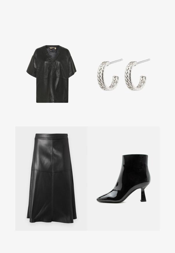 Culture CUATAM CANJA - Bluse - black; Schwarzer A-Linien-Rock aus Leder mit einer glatten Textur, ausgestattet mit vertikalen Nahtdetails und einem Taillenband. Der Saum endet knapp unter dem Knie.; Schwarzer glänzender Lackleder-Stiefelette mit spitzer Zehenpartie und ausgestelltem mittelhohem Absatz auf weißem Hintergrund.; Silberne Creolen mit geflochtenem Muster, ausgestattet mit einer strukturierten Oberfläche und einem Steckverschluss, in geschwungener Form und poliertem Finish.