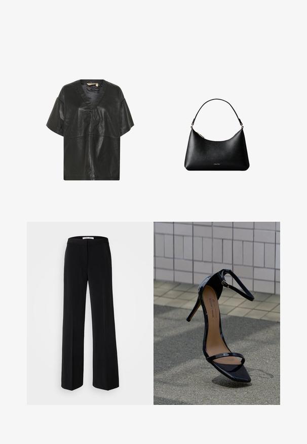 Culture CUATAM CANJA - Bluse - black; Schwarze, weite Hosen mit glatter Textur, ausgestattet mit einem taillierten Bund und minimalistischem Design. Keine sichtbaren Muster oder Akzente.; Schwarze, hochhackige Sandale aus Lackleder mit Knöchelriemen, goldener Schnalle und spitzer Zehenpartie, auf einer gefliesten und asphaltierten Fläche aufrecht stehend.; Schwarze Calvin Klein Lederhandtasche mit kurzem Griff und goldenem Reißverschluss, vor weißem Hintergrund gezeigt.