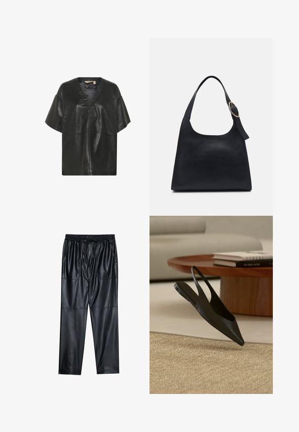 Culture CUATAM CANJA - Blusa - black; Pantalones de imitación cuero negros con cintura elástica, cordón ajustable y dos bolsillos frontales. Presentan un corte holgado y cónico, además de una textura suave.; Zapato plano negro de punta puntiaguda con tira trasera cerca de una mesa redonda de madera con libros apilados sobre una alfombra beige en una sala de estar moderna.; Bolso tote de cuero negro con textura suave, cuerpo redondeado y una sola correa de hombro con un acento de hardware dorado circular.