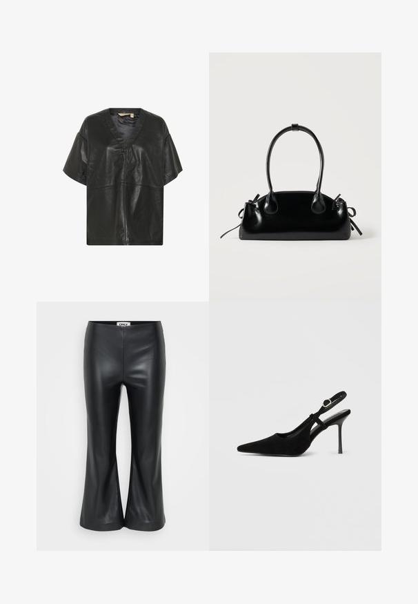 Culture CUATAM CANJA - Blouse - black; Zwarte faux leren flare-pantalons met een gladde textuur. Heeft een hoge taille en splitten aan de zoom voor een comfortabele pasvorm. Merklabel aan de binnenkant van de tailleband.; Zwarte suède slingback hak met puntige neus, slanke stiletto hak, verstelbare enkelriem en gladde binnenvoering.; Kleine zwarte glanzende handtas met twee lange hengsels en zijkant trekkoord details op een effen lichte achtergrond.