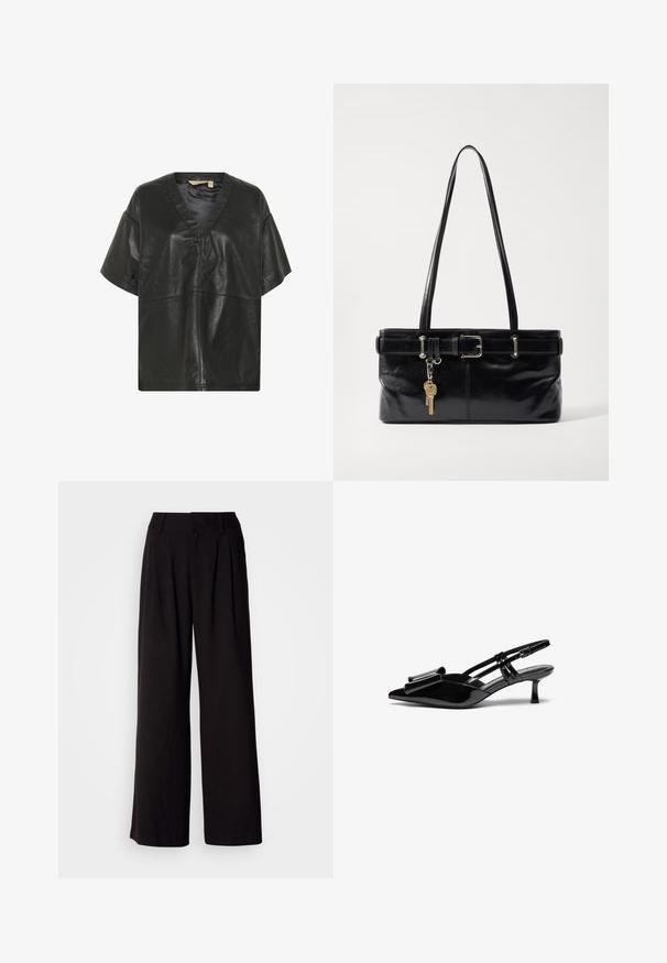 Culture CUATAM CANJA - Blouse - black; Zwarte wijde broek van soepel stof, met plooien aan de voorkant, een aansluitende tailleband en zonder zichtbare patronen of accenten.; Zwarte gepatineerde lederen slingback hakken met een puntige neus, een strikdetail aan de voorkant en een kleine stilettohak. De bandjes hebben verstelbare gespen.; Osoi SHOULDER BROCLE - Handtas - stone black