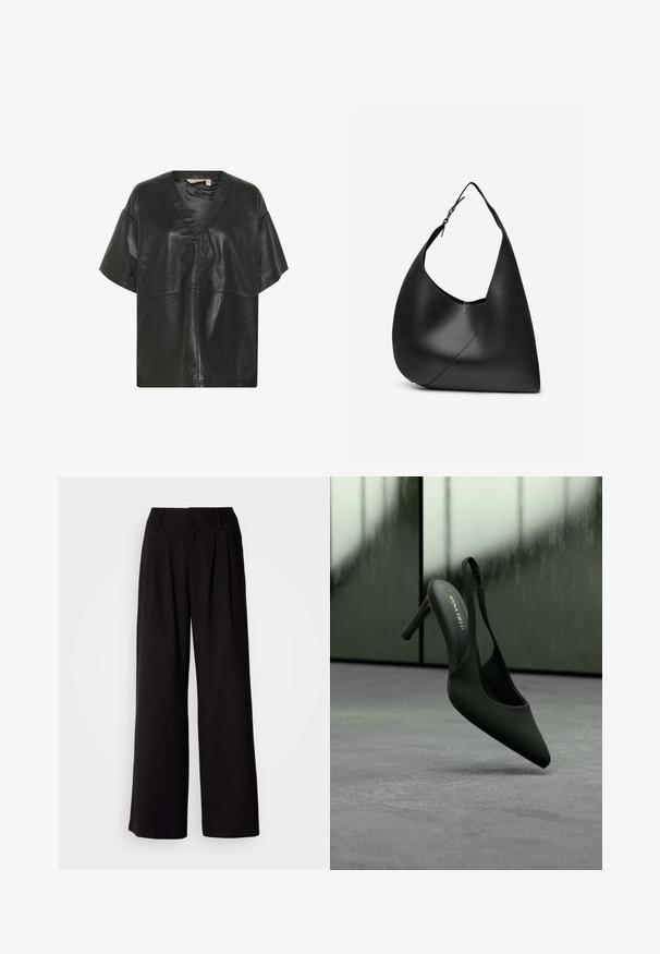 Culture CUATAM CANJA - Blusa - black; Pantalones de pierna ancha negros, confeccionados en una tela suave, con pliegues en la parte frontal, una cinturilla ajustada y sin patrones o acentos visibles.; Zapato slingback negro de tacón alto con puntera puntiaguda y correa en el tobillo, de la marca "ANNA FIELD", flotando ligeramente sobre una superficie gris.; Bolso de hombro de cuero negro con forma triangular curva, una única correa ajustable y una costura diagonal visible en el frente.