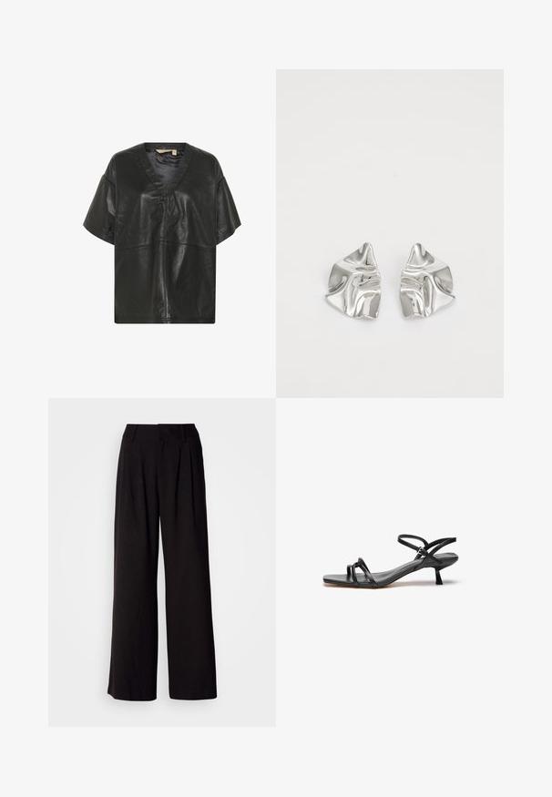 Culture CUATAM CANJA - Blouse - black; Zwarte wijde broek van soepel stof, met plooien aan de voorkant, een aansluitende tailleband en zonder zichtbare patronen of accenten.; Zwarte leren sandaal met een slank, minimalistisch ontwerp. Heeft twee dunne banden en een kleine, schuine hak. Gladde textuur en open teen.; Zilveren metalen oorbellen met een golvend, sculpturaal ontwerp, voorzien van een gepolijste afwerking en onregelmatige vormen, die een hedendaagse esthetiek benadrukken.