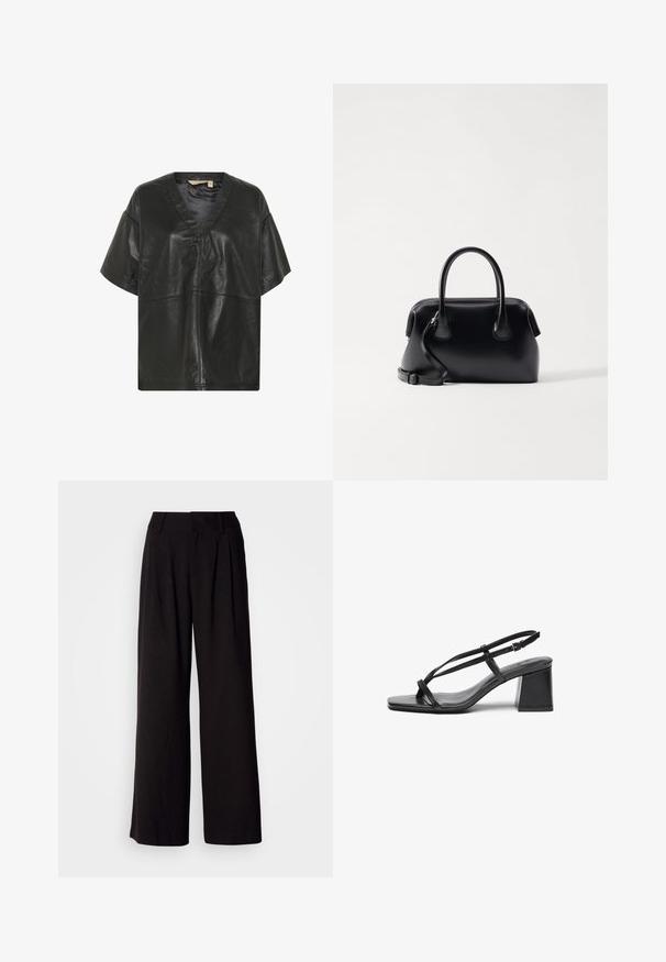 Culture CUATAM CANJA - Blouse - black; Zwarte wijde broek van soepel stof, met plooien aan de voorkant, een aansluitende tailleband en zonder zichtbare patronen of accenten.; Zwarte leren sandaaltjes met hakken met een vierkante neus, dunne banden en een blokhak. Gladde textuur met minimale accenten, ontworpen voor gemakkelijk dragen.; Osoi BOAT BROT - Handtas - black