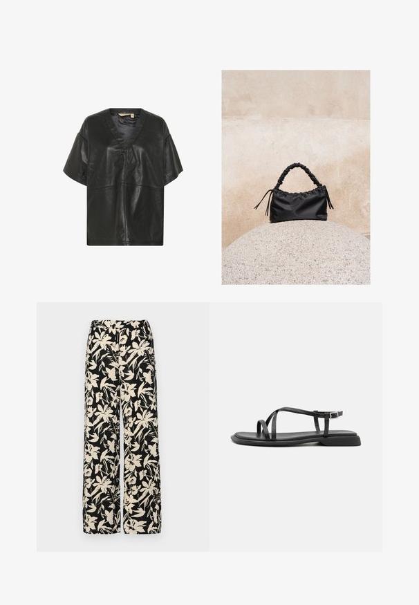 Culture CUATAM CANJA - Blouse - black; Zwarte wijde broek met een crèmekleurig bloemenpatroon. Gemaakt van lichtgewicht stof, met een zachte textuur en een hoge tailleband.; Zwarte platte sandalen met dunne verstelbare bandjes, rechthoekige teenpost en een gestructureerde matte afwerking. Voorzien van een lage, licht vierkante hak.; Zwarte gerimpelde handtas met een samengevoegde handvat, rustend op een gestructureerde stenen bol tegen een beige betonnen muur.