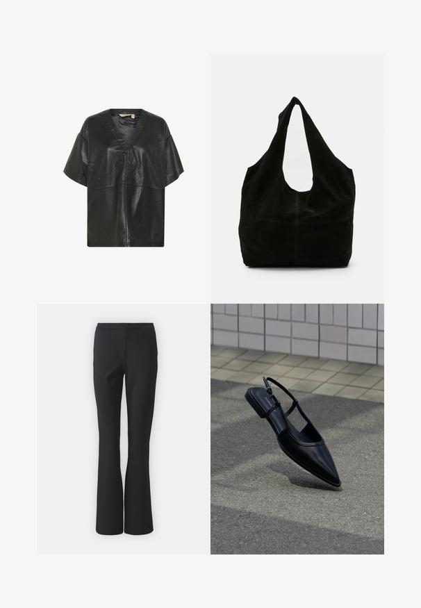 Culture CUATAM CANJA - Bluse - black; Schwarze Schlaghosen aus glattem Stoff; verfügen über eine flache Vorderseite ohne Taschen und eine taillierte Passform, die zum Saum hin schmaler wird.; Schwarzer, spitz zulaufender Slingback-Flachschuh, der über einer Asphaltfläche neben einem gefliesten Bürgersteig schwebt.; Schwarze Wildleder-Schultertasche mit einem lässigen Design, einem breiten, geschwungenen Gurt und einer nahtlosen Optik mit minimalen Nähten.