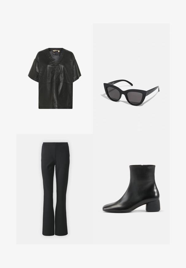 Culture CUATAM CANJA - Blouse - black; Zwarte uitlopende broek van soepel materiaal; heeft een vlakke voorkant zonder zakken en een getailleerde pasvorm die naar de zoom toe smaller wordt.; Zwarte leren enkellaars met een afgeronde vierkante neus, zijrits en stevige lage hak op een effen lichte achtergrond.; Zwarte cat-eye zonnebril met een matte afwerking, voorzien van grijs getinte glazen, scherpe hoeken en slanke zijarmen. Merkennaam zichtbaar op de binnenarm.
