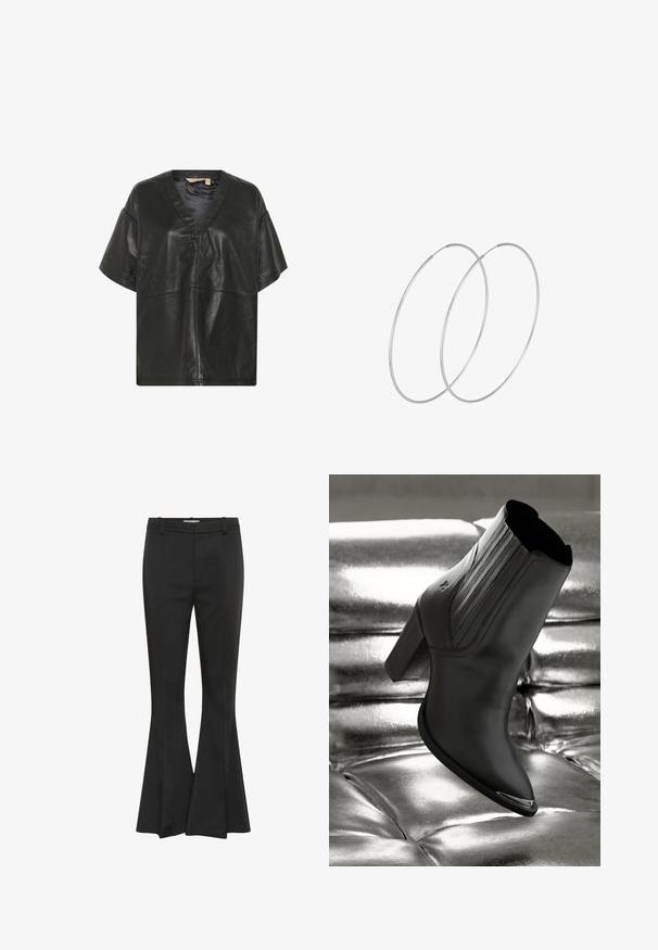 Culture CUATAM CANJA - Blusa - black; Pantalones negros de campana hechos de una tela suave, con una cintura ajustada, líneas de pliegue sutiles y un diseño de pierna ancha desde la rodilla hasta el dobladillo.; Botín de piel negra hasta el tobillo con un tacón alto, con costuras verticales y un acento plateado brillante en la puntera, sobre un fondo metálico.; Pendientes de aro plateados con un diseño minimalista. Forma circular, textura suave y perfil delgado. Livianos con un acabado pulido.