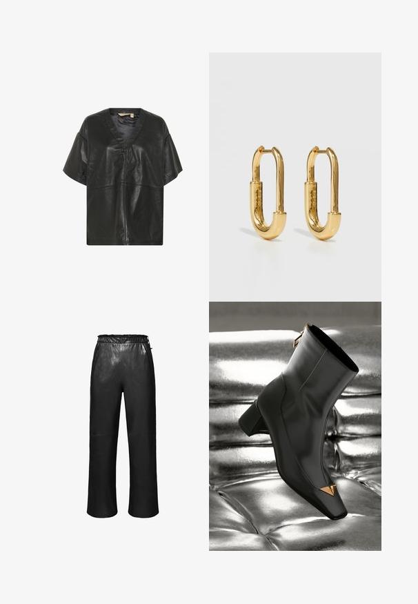 Culture CUATAM CANJA - Bluse - black; Sorte læderbukser med vidde ben, elastisk talje og glat tekstur. Har sidelommer og minimale syninger.; Sort læderankelstøvle med firkantet tå, gylden trekantet accent og mellemhøj hæl. Glat tekstur mod en skinnende sølvbaggrund.; Guld metal hoop øreringe med en forlænget oval form, der har en glat, poleret overflade og et lille hængsel til fastgørelse.