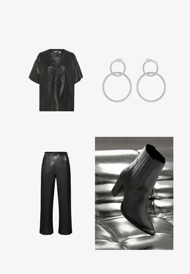 Culture CUATAM CANJA - Blouse - black; Zwarte leren broek met een wijde snit, elastische tailleband en een gladde textuur. Voorzien van zijzakken en minimale stikdetails.; Zwarte leren enkelboot met een hoge hak, voorzien van verticale stiksels en een glanzend zilveren accent op de neus, tegen een metallic achtergrond.; Zilveren metalen oorbellen met twee in elkaar grijpende cirkels, een grotere en een kleinere, met een geborstelde afwerking en schroefsluitingen.