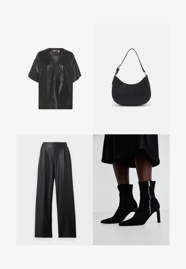 Culture CUATAM CANJA - Blusa - black; Pantalones anchos de cuero sintético negro con cintura alta, detalles de botones en la cintura y pliegues delanteros.; Botas negras hasta el tobillo con un cuerpo de tela elástica, punta afilada y cierre lateral de cremallera, sobre un tacón fino y alto.; Bolso hobo negro hecho de cuero suave con una silueta curva, que cuenta con una sola correa ajustable y detalles de diseño minimalistas.