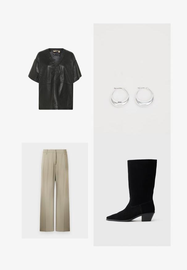 Culture CUATAM CANJA - Bluse - black; Bredde benbukser i blød beige stof, med en flad front, beltdusk og en glat tekstur. Standard talje med ingen synlige mønstre.; Sort ruskind ankelstøvle med spidse tæer, mellemhøj skaft og en chunky hæl. Fuldender et minimalistisk design med lidt syninger og en glat tekstur.; Sølv hoops øreringe med en poleret overflade og DKNY branding, præsenteret mod en simpel hvid baggrund.