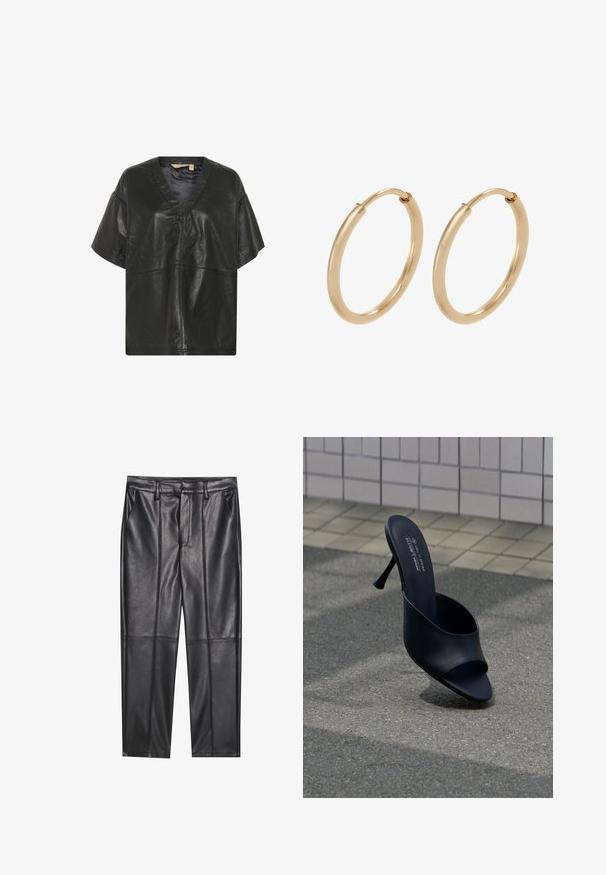 Culture CUATAM CANJA - Blusa - black; Pantalones de cuero negros con una textura suave, con un corte recto, dos bolsillos frontales y detalles de costura visibles.; Mule negro de punta abierta con tacón alto delgado, colocado sobre asfalto cerca de una pared de azulejos cuadrados beige, con texto en la plantilla que detalla la marca y el material vegano.; Pendientes de aro de oro con un acabado suave y pulido. Forma redondeada, tamaño mediano, con un mecanismo de cierre seguro.