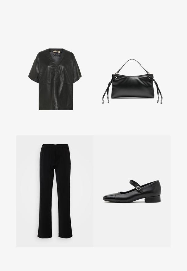 Culture CUATAM CANJA - Blusa - black; Pantalones negros con un diseño acampanado, confeccionados en una tela suave. Presentan una cinturilla elástica para mayor comodidad y una silueta limpia y sencilla.; Zapatos Mary Jane de cuero negro con puntera de charol, correa de tobillo ajustable y tacón bajo. Textura suave y diseño elegante.; Bolso de cuero negro con una forma rectangular estructurada, un asa en la parte superior y lazos similares a cintas a cada lado para un cierre ajustable.
