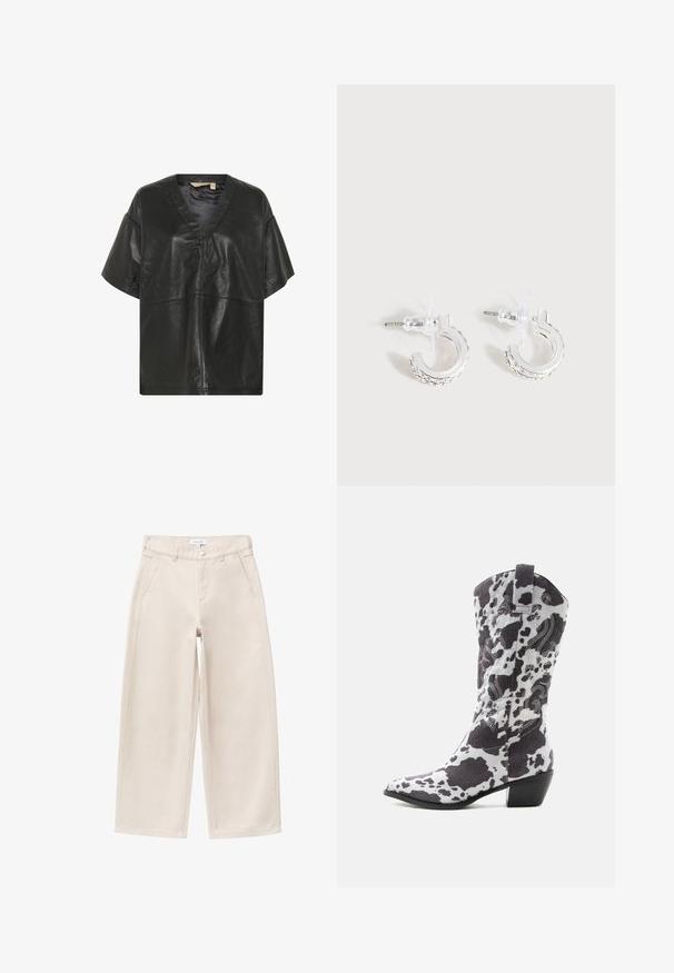 Culture CUATAM CANJA - Blouse - black; Beige wijde broek met steekzakken aan de voorkant, lussen voor een riem en knoopsluiting, plat neergelegd op een witte achtergrond.; Cowboylaars halfhoog met koeienprint, spitse neus, blokhak, decoratieve witte stiksels en uittreklus op een lichte achtergrond.; Kleine zilverkleurige oorringen met een gestructureerd patroon langs de buitenrand en transparante kunststof achterstukjes, getoond op een lichte achtergrond.