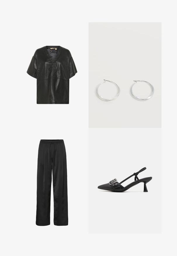 Culture CUATAM CANJA - Blouse - black; Zwarte wijde broek van glad, glanzend materiaal. Voorzien van een elastische tailleband met een koord voor een verstelbare pasvorm.; Simmi London DALA - Klassieke pumps - black; Zilverkleurige metalen creolen oorbellen met een glad, licht gebogen oppervlak en sluitingen met haaksluiting op een effen witte achtergrond.