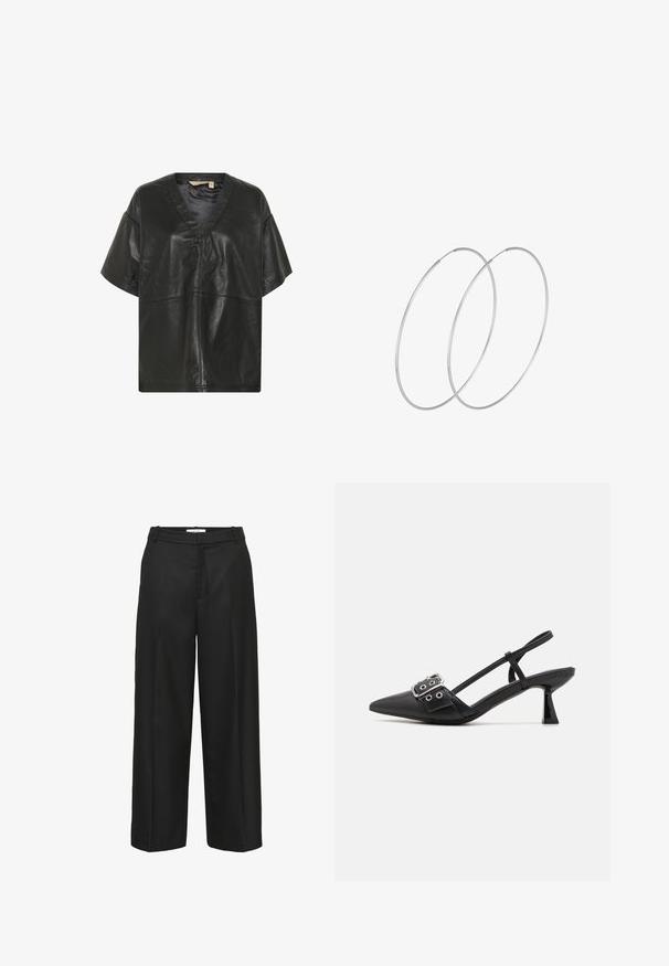 Culture CUATAM CANJA - Bluse - black; Schwarze, weit geschnittene Hosen mit glatter Textur, ausgestattet mit flacher Vorderseite, Gürtelschlaufen und ohne sichtbare Verzierungen. Maßgeschneidert für eine lockere Passform.; Simmi London DALA - Pumps - black; Silberne Creolen mit minimalistischem Design. Rundform, glatte Oberfläche und dünnes Profil. Leichtgewichtig mit hochglänzender Oberfläche.