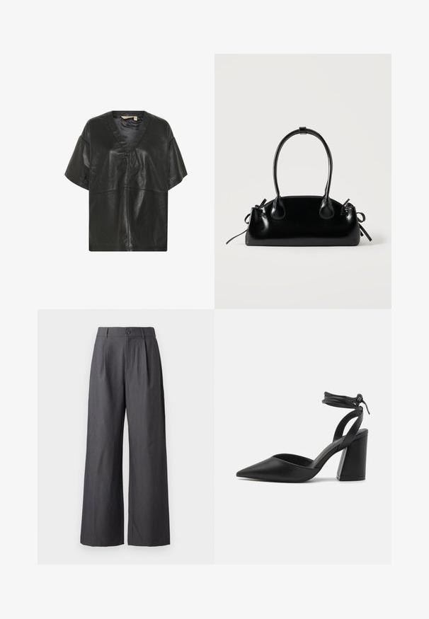 Culture CUATAM CANJA - Bluse - black; Mørkegrå bukser med vide ben, plisseringer, bæltestropper og knaplukning ved taljen, vist på en ensfarvet baggrund.; Sort spidse pumps med en struktureret blokhæl, glat lædermateriale og en justerbar ankelrem for en sikker pasform.; Lille sort blank håndtaske med to lange håndtag og snøre-detaljer i siden på en ensfarvet lys baggrund.