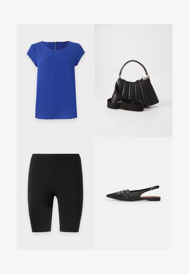 Haut court à manches courtes en tissu lisse. Doté d'un col rond et d'une fermeture éclair dissimulée à l'arrière. Ourlet droit.; Leggings noirs au genou en tissu extensible. Présentent une texture lisse avec une large taille élastique pour le confort et un bon ajustement.; Chaussure plate noire en cuir avec un bout pointu, dotée de deux lanières horizontales et de boucles carrées en argent, avec un faible talon et une texture lisse.; Sac à main plissé noir avec une poignée arrondie, une bandoulière réglable et une texture brillante. Présente des accessoires en argent et une silhouette structurée.