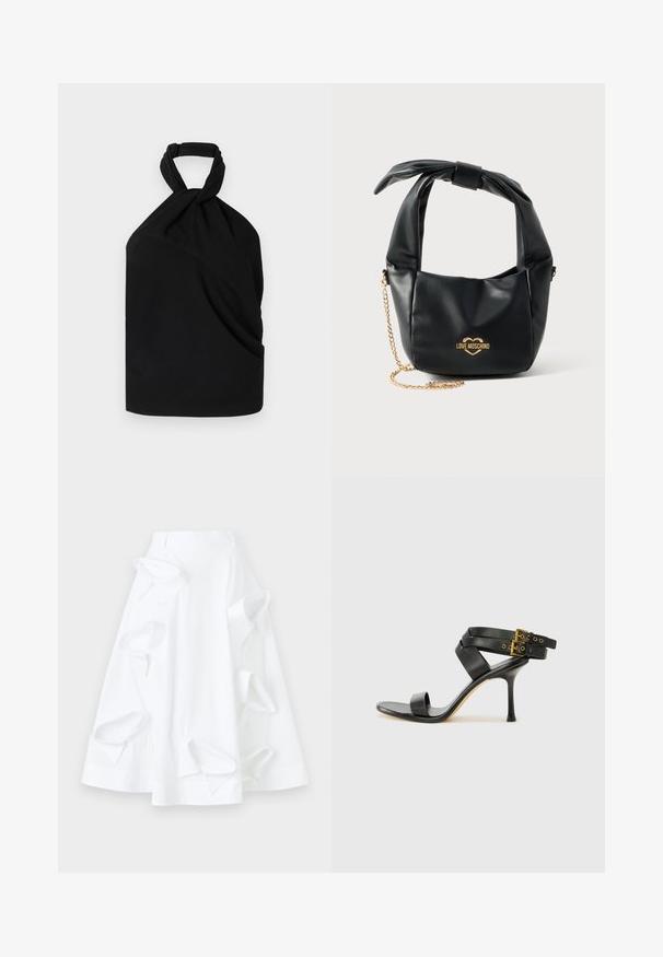 Iro BIRDA - Bluse - black; Hvid A-linje nederdel lavet af bomuld, med oversized udskæringer og en glat tekstur. Inkluderer en struktureret talje.; Sort hæl-sandal med krydsede stropper og justerbar spænde. Har en glat overflade og spids stilettohæl.; Sort blød læder Love Moschino håndtaske med knyttet håndtag og guldkæde-strop på hvid baggrund.