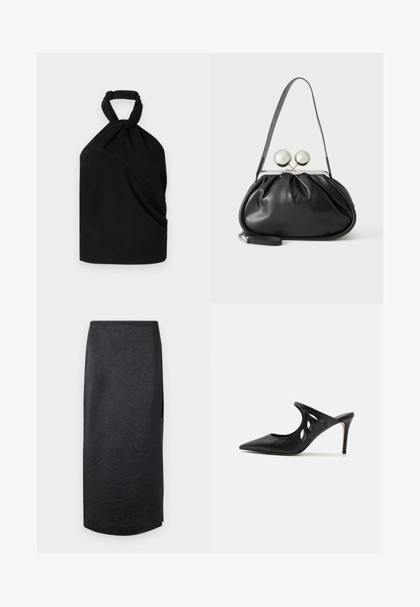 Iro BIRDA - Bluse - black; Sort midi-nederdel med en krøllet tekstur, lige snit og sideslids. Materialet virker let. Kantene er let afrundede.; Sorte læder højhælede mules med spids tå, udskåret sideskærm og glat tekstur. Stiletthæl og subtil syning.; Sort læderhåndtaske med opsamlet design, en enkelt rem, sølv metalramme og to store runde sølv lukninger.