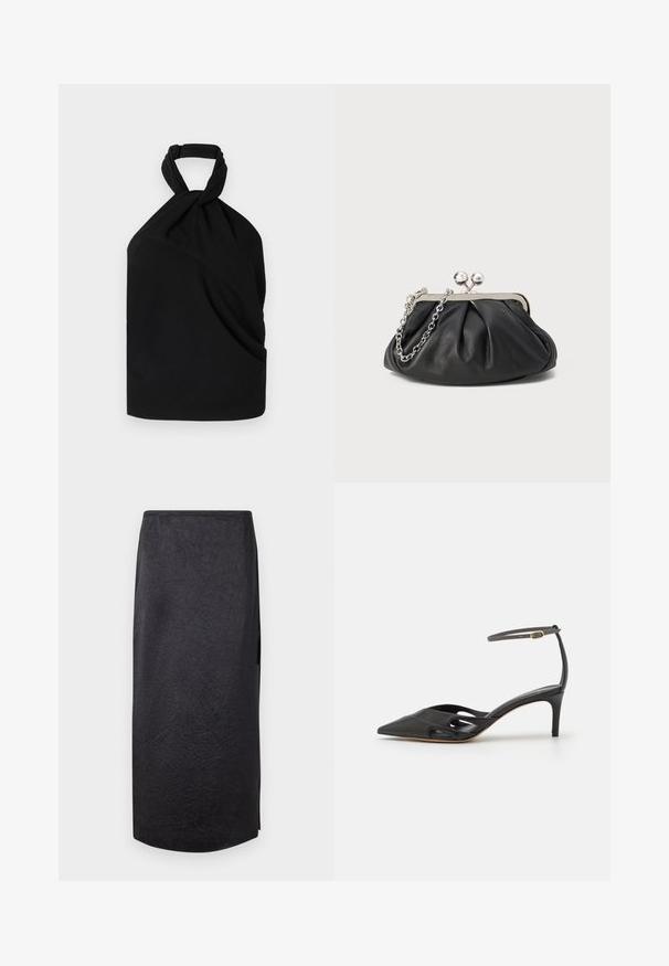 Iro BIRDA - Bluse - black; Sort midi-nederdel med en krøllet tekstur, lige snit og sideslids. Materialet virker let. Kantene er let afrundede.; Sort læder højhælet sko med spids tå, åbne sider og en tynd ankelrem med en lille guld detalje.; Sort læder clutch med samlet tekstur, sølvfarvet metalramme, kys-lås lukning og kædestrop. Glat, blød overflade.