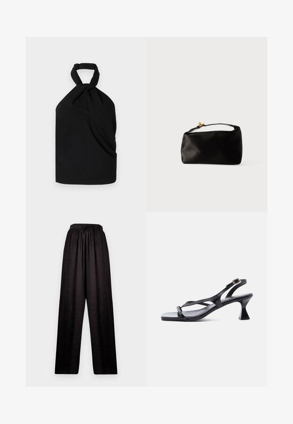 Iro BIRDA - Bluse - black; Sorte vidde bukser med elastisk talje og subtil leopardprint tekstur, der har en snor i fronten.; Sort lædersandal til kvinder med tynde stropper, firkantet tå, justerbar ankelrem og udvidet mellemhøj hæl.; Sort satinpung med en afrundet form, et håndtag i toppen og en guldaccentlås. Glat tekstur med et minimalistisk design.