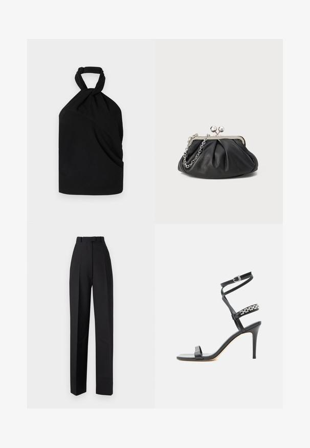 Iro BIRDA - Bluse - black; Sorte højtaljede bukser med plisseringer, der har et skræddersyet design og lige ben. Fremstillet af et glat stof med minimal detaljering.; Sort højhælet sandal med tynd ankelrem, midtfodsrem dekoreret med sølvkædeled og åben tå-design.; Sort læder clutch med samlet tekstur, sølvfarvet metalramme, kys-lås lukning og kædestrop. Glat, blød overflade.