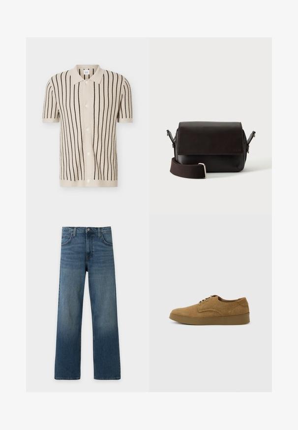 Chemise en maille beige à manches courtes, boutonnée, avec des rayures verticales noires et un col pointu, présentée sur un fond uni.; Jean droit en denim bleu avec poches avant, passants de ceinture, fermeture à bouton et délavage subtil au niveau des cuisses et des genoux.; Chaussure décontractée à lacets en daim marron avec semelle en caoutchouc plate, vue de côté sur un fond clair uni.; Sac bandoulière en cuir marron foncé avec fermeture à rabat et sangle en tissu réglable sur fond blanc.
