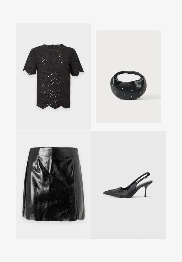 Blouse noire à manches courtes avec des motifs floraux en dentelle ajourée, des bords festonnés aux manches et à l'ourlet, et un col rond.; Mini jupe en simili cuir noir brillant avec des détails de couture subtils et une légère fente avant sur fond blanc.; Escarpin en cuir noir à talon aiguille avec un bout pointu, une bride latérale à boucle, des clous le long du bord et un laçage décoratif à l'avant.; Sac à main en cuir noir de forme arrondie, décoré de clous argentés et équipé d'une poignée courte. Texture lisse et fermeture éclair.