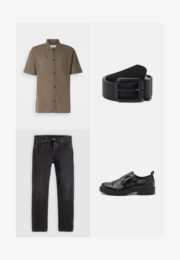 Camisa de manga corta en color verde oliva, hecha de tela de malla, con un botón en la parte delantera, un bolsillo en el pecho y un corte relajado.; Pantalones vaqueros de mezclilla negra con corte recto, que cuentan con dos bolsillos frontales, un bolsillo para monedas y remaches metálicos. Diseño clásico de cinco bolsillos.; Pier One by Zalando Mocasines elegantes - black; Cinturón de cuero negro con una hebilla de metal negro mate, que presenta una superficie plana y suave y un extremo cónico. Diseño sencillo sin adornos.