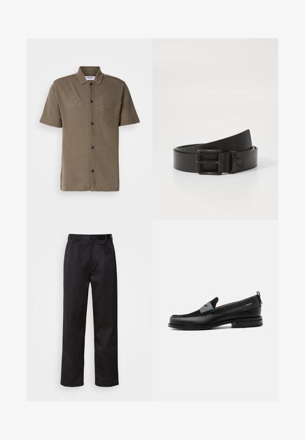 Camisa de manga corta en color verde oliva, hecha de tela de malla, con un botón en la parte delantera, un bolsillo en el pecho y un corte relajado.; Pantalones negros de tela suave, con cierre delantero de botón, pliegues y patas rectas. Sin patrones ni acentos visibles.; Mocasín de cuero negro con detalle de tira gris, tacón bajo y suela texturizada, con la marca "HUGO" en oro en el lateral.; Cinturón de cuero negro con una hebilla metálica rectangular. Presenta una textura suave y un diseño minimalista, con un ligero enrollado en el extremo.