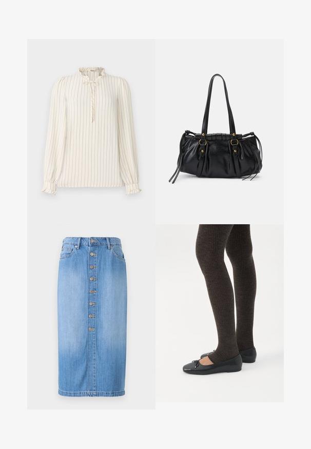 Blouse crème à manches longues avec des rayures verticales bleu marine, col volanté et détail en trou de serrure avec bouton ; poignets élastiques avec accents en volants.; Jupe midi en denim bleu avec une coupe droite, dotée d'une fermeture à boutons sur le devant, de cinq poches et d'un délavage pour une texture.; Jambes portant des leggings côtelés foncés associés à des ballerines noires avec de petits détails en nœud sur fond blanc.; Sac à main en cuir noir avec une forme arrondie, deux poignées, des accents en matériel décoratif et des détails de liens sur les côtés. Texture lisse et brillante.