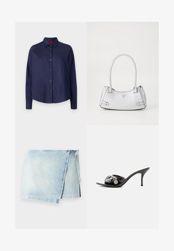 Mørkeblå knap-i-aftenen skjorte med krave, lange ærmer, let cropped, diskret logo på brystet og glat stofstruktur.; Lyseblå denim omslagskirt med en frynset kant, der har en knyttelukning på den ene side. Stoffet har en falmet, slidt tekstur.; Sort laklæder højt hælet mule med åben tå og dekorative sølvcharme inklusive en blomst og hængelås på frontstroppen.; Sølv håndtaske med et struktureret design, der har to håndtag, en skinnende overflade, accenthardware og et trekantet logo på fronten.