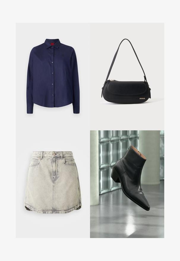 Mørkeblå knap-i-aftenen skjorte med krave, lange ærmer, let cropped, diskret logo på brystet og glat stofstruktur.; Denim nederdel i lys grå med en falmet tekstur, der har en knappet talje, forlommer og en let buet sømdesign.; Sort læderankelstøvle med spids tå og blokhæl, der svæver over en reflekterende grå gulv nær en væg af glasblokke.; Sort skuldertaske i læder med buet klap, guld "HUGO" logo på forsiden og enkelt justerbar strop.