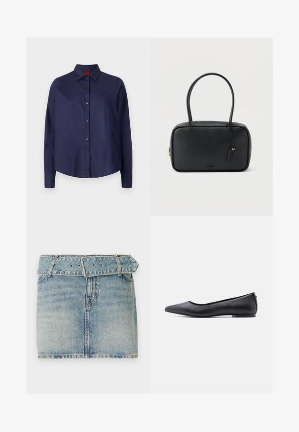 Mørkeblå knap-i-aftenen skjorte med krave, lange ærmer, let cropped, diskret logo på brystet og glat stofstruktur.; Denim miniskirt med en lys blå vask, som har en belagt talje med en metalspænde, fem lommer og subtil slid, der giver tekstur.; Sort flad lædersko med spidst tåparti og lav hæl, vist i sideprofil mod en hvid baggrund.; Sort rektangulær håndtaske med dobbelte runde håndtag, gylden lynlås og præget "HUGO"-logo foran med fastgjort lædermærke.