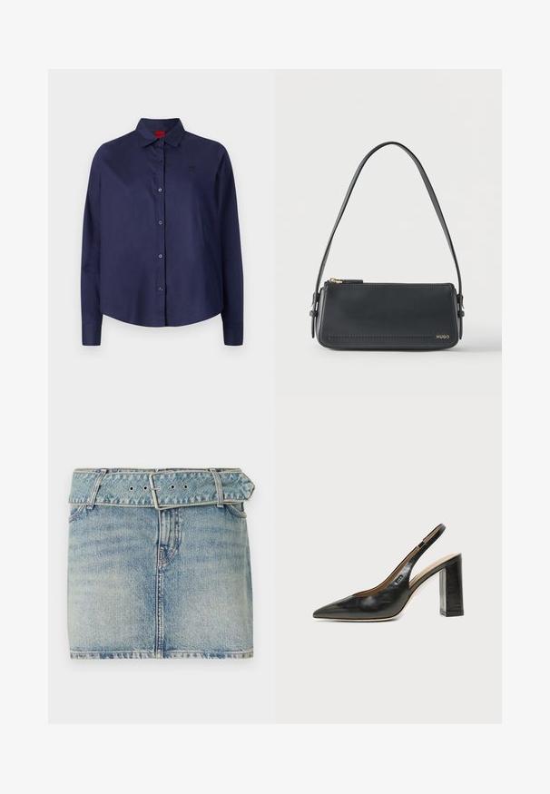 Mørkeblå knap-i-aftenen skjorte med krave, lange ærmer, let cropped, diskret logo på brystet og glat stofstruktur.; Denim miniskirt med en lys blå vask, som har en belagt talje med en metalspænde, fem lommer og subtil slid, der giver tekstur.; Sort læder peep-toe slingback sko med høj blokhæl og beige indvendig foring mod en ensfarvet lys baggrund.; Sort rektangulær skuldertaske i læder med guld lynlås og lille guld "HUGO"-logo på fronten, med justerbar strop med spænde.
