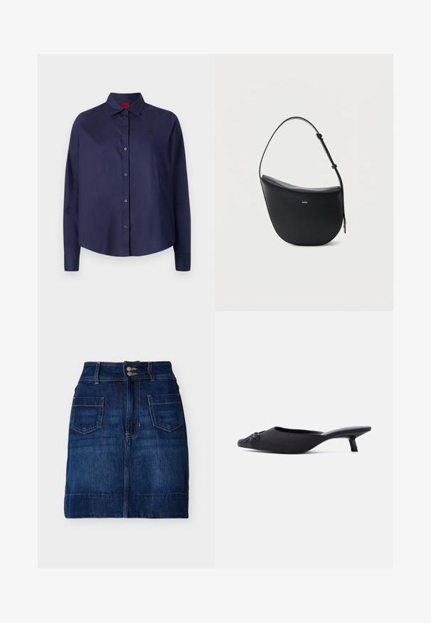 Mørkeblå knap-i-aftenen skjorte med krave, lange ærmer, let cropped, diskret logo på brystet og glat stofstruktur.; Mørkeblå denimnederdel med forlommer, dobbel knaplukning, bæltestropper og synlige sømme, lagt fladt på en hvid baggrund.; Sort mule sko til kvinder med spids tå, overdelsmateriale i stof, lille kittenhæl og en dekorativ sløjfe foran, vist i sideprofil.; Sort halv-måne skuldertaske i læder med justerbar rem og guld "BOSS"-logo centreret foran.
