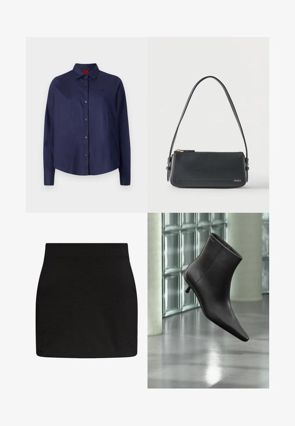 Camisa azul marino de botones con cuello, mangas largas, un ligero corte, un sutil logo en el pecho y una textura de tela suave.; Minifalda negra de Calvin Klein con corte recto y sutil logo CK en el dobladillo inferior derecho.; Bota de cuero negro para el tobillo con puntera puntiaguda y tacón pequeño, exhibida frente a una pared de bloques de vidrio y un suelo pulido.; Bolso de hombro rectangular de cuero negro con cremallera dorada y pequeño logo dorado "HUGO" en el frente, con una correa ajustable con hebilla.