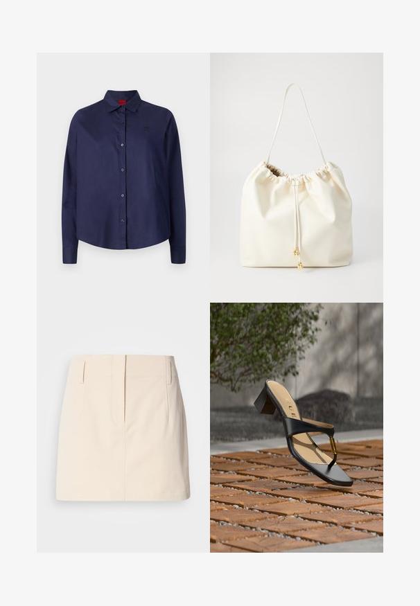 Marineblauwe button-up shirt met een kraag, lange mouwen, een lichte cropped snit, subtiel logo op de borst en een zachte stoftextuur.; Calvin Klein Jeans SKIRT - A-lijn rok - fog; Zwarte sandaal met hak, teenlus en gouden accent, geplaatst op een houten en stenen geplaveid oppervlak buiten nabij groen.; Witte, zachte neplederen trekkoord tas met een gerimpelde bovenkant, verstelbare schouderriem en accenten in goudkleurig metaal. Glad van textuur met een minimalistisch ontwerp.