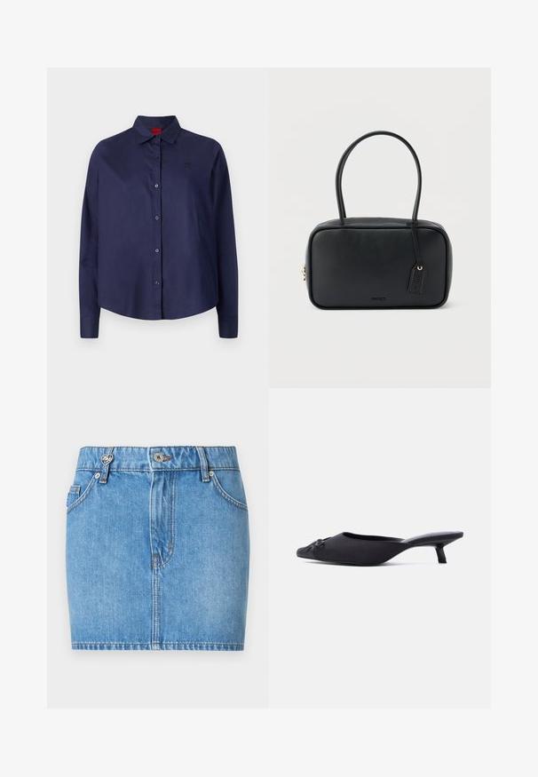 Marineblaue Knopfhemd mit Kragen, langen Ärmeln, leicht verkürztem Schnitt, dezentem Logo auf der Brust und glatter Stoffoberfläche.; Blaue Denim-Minirock mit Vordertaschen, Gürtelschlaufen, Knopfverschluss und einem kleinen herzförmigen Metallelement an der linken Gürtelschlaufe.; Schwarzer Mule-Schuh für Frauen mit spitz zulaufender Schuhspitze, Obermaterial aus Stoff, kleinem Kitten-Heel und einer dekorativen Schleife vorne, seitlich dargestellt.; Schwarze rechteckige Handtasche mit doppelten, abgerundeten Griffen, goldfarbenem Reißverschluss und geprägtem „HUGO“-Logo auf der Vorderseite sowie angebrachtem Lederanhänger.