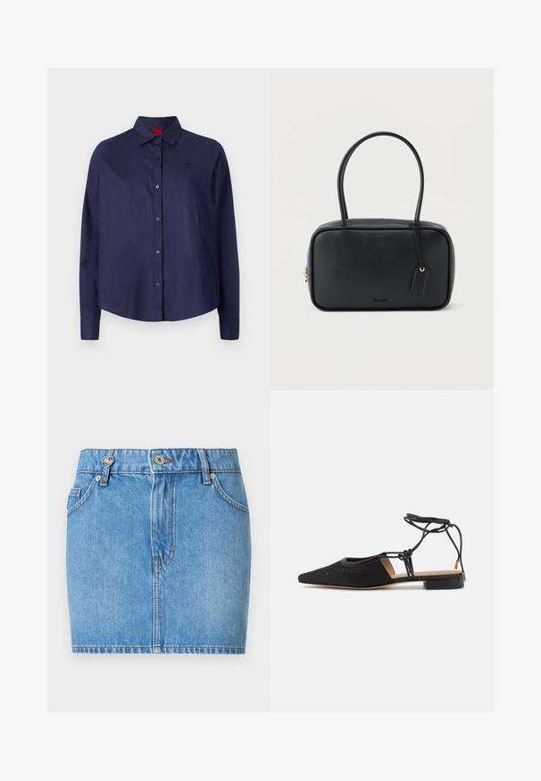 Chemise button-up bleu marine avec un col, des manches longues, légèrement cropped, logo subtil sur la poitrine et texture de tissu lisse.; Mini-jupe en denim bleu avec poches avant, passants de ceinture, fermeture par bouton, et un petit accent métallique en forme de cœur sur le passant de ceinture gauche.; Chaussure plate noire avec un bout pointu, dessus texturé, liens autour de la cheville et un petit talon carré. Présente un motif subtil sur le matériau.; Sac à main rectangulaire noir avec doubles poignées arrondies, fermeture éclair dorée et logo "HUGO" embossé sur le devant avec une étiquette en cuir attachée.