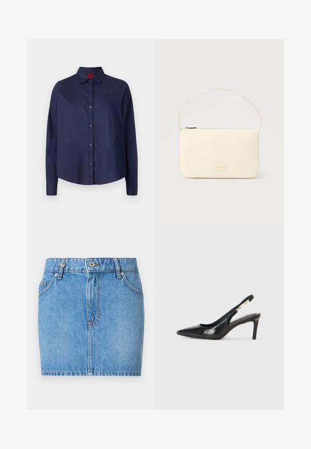 Mørkeblå knap-i-aftenen skjorte med krave, lange ærmer, let cropped, diskret logo på brystet og glat stofstruktur.; Blå denim mininederdel med forlommer, bæltestropper, knaplukning og en lille hjerteformet metaldekoration på venstre bæltestrop.; Sort læder slingback højhælede sko med spidse tæer, glat overflade og en smal ankelrem med guldfarvede hardware detaljer.; Kremfarvet rektangulær håndtaske med en enkelt rem og lynlås øverst, med en lille præget logo-plakette foran.